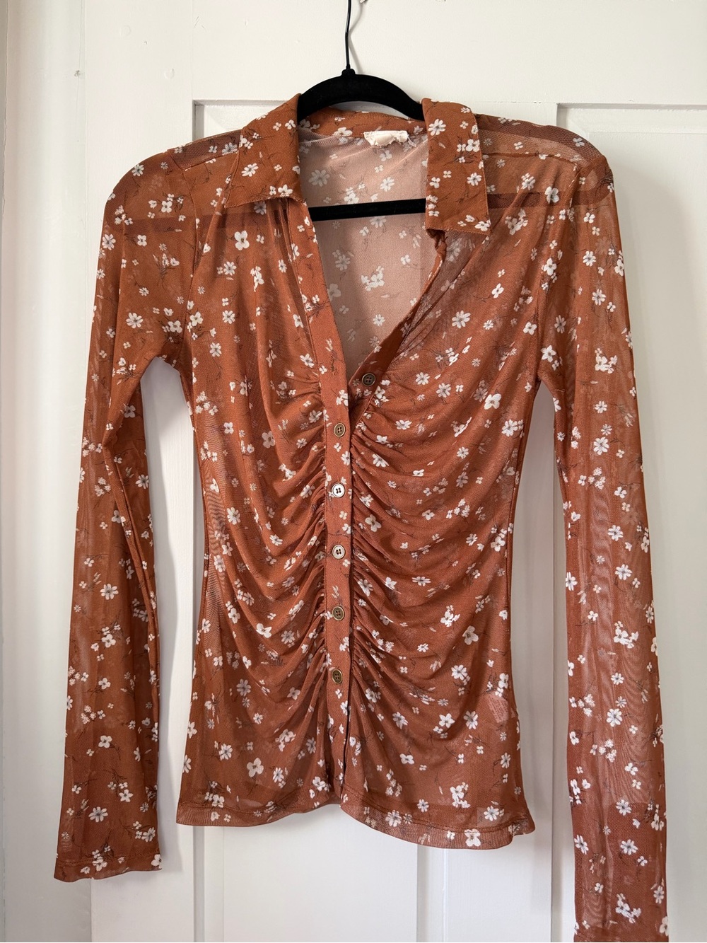 Y2K Rust Floral Ruched Button-Front Shirt
